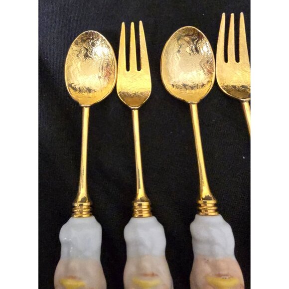 10 Gold Plated Fork & Spoons Chef Hat Porcelain Handles - Picture 3 of 5